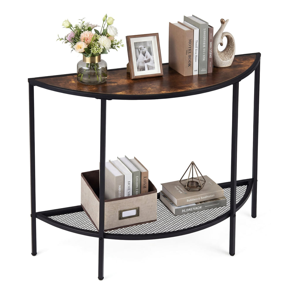 Half Moon Console Table 2-Tier Narrow Entryway Table with Storage Shelf-Rustic Brown