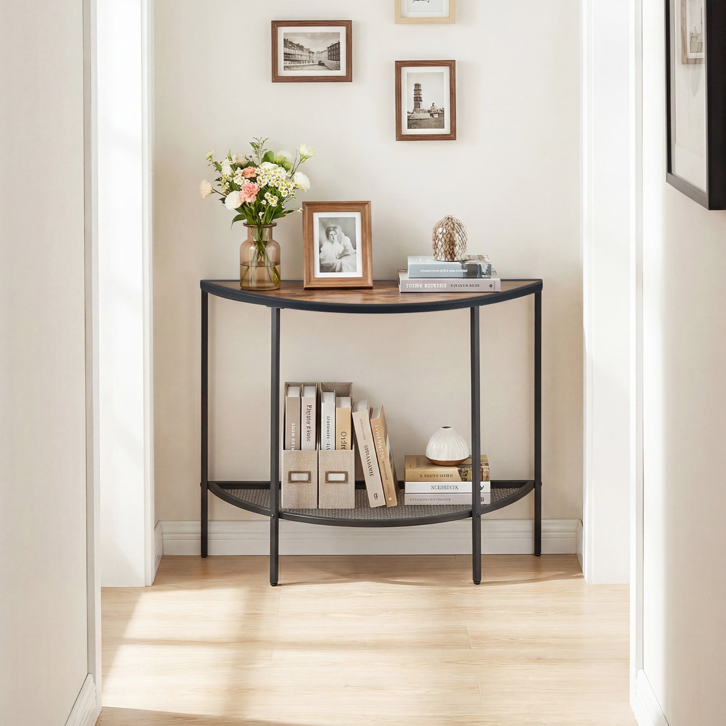 Half Moon Console Table 2-Tier Narrow Entryway Table with Storage Shelf-Rustic Brown