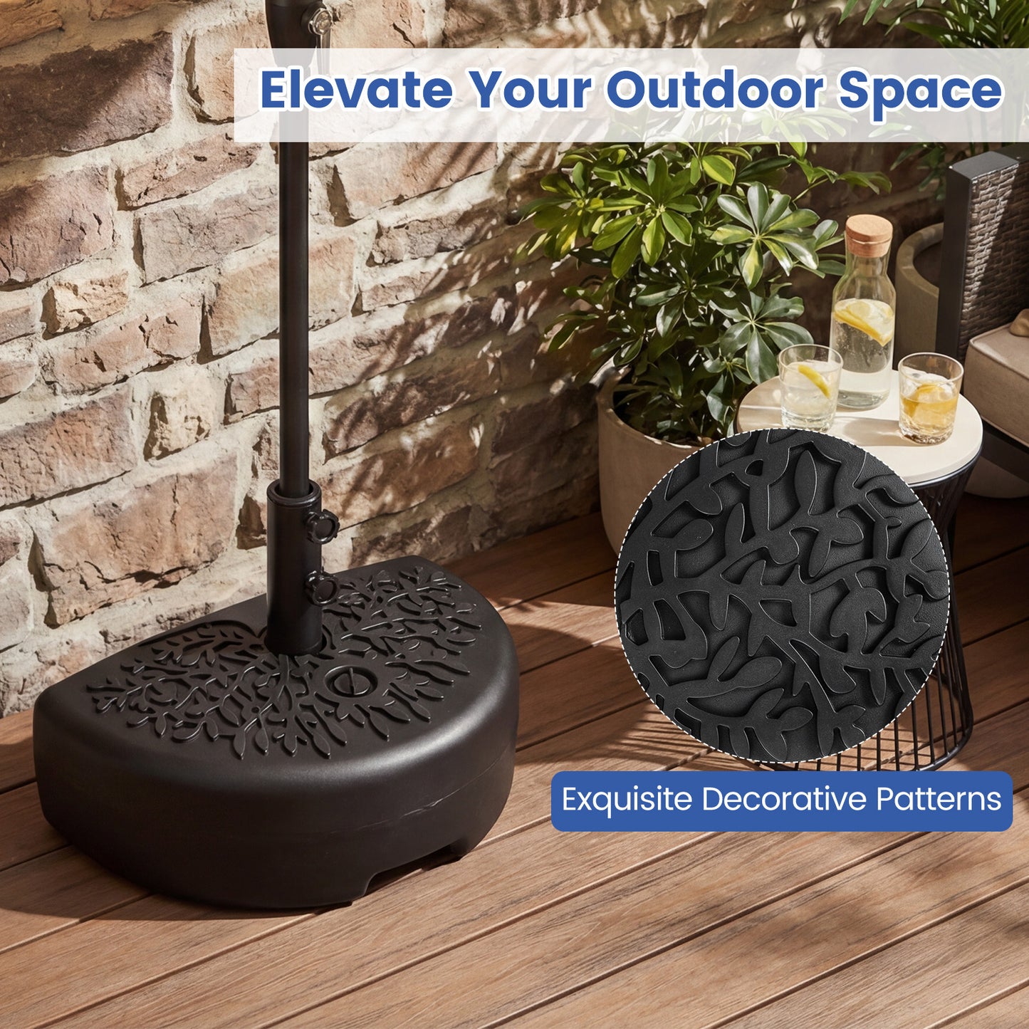 Half Round Patio Umbrella Base Fillable Stand with Decorative Patterns-Black