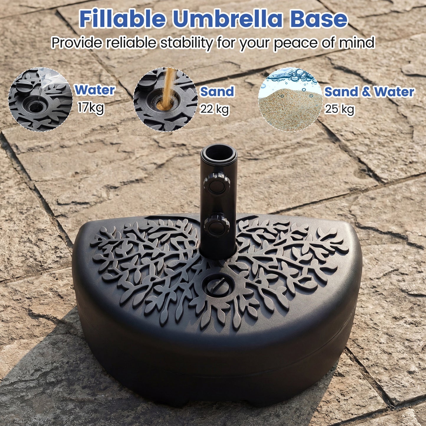 Half Round Patio Umbrella Base Fillable Stand with Decorative Patterns-Black