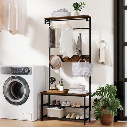 Hall Tree with Bench and Shoe Storage with Hanging Bars-Rustic Brown
