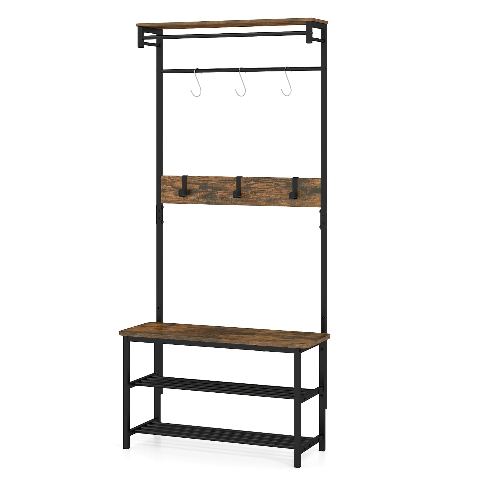 Hall Tree with Bench and Shoe Storage with Hanging Bars-Rustic Brown