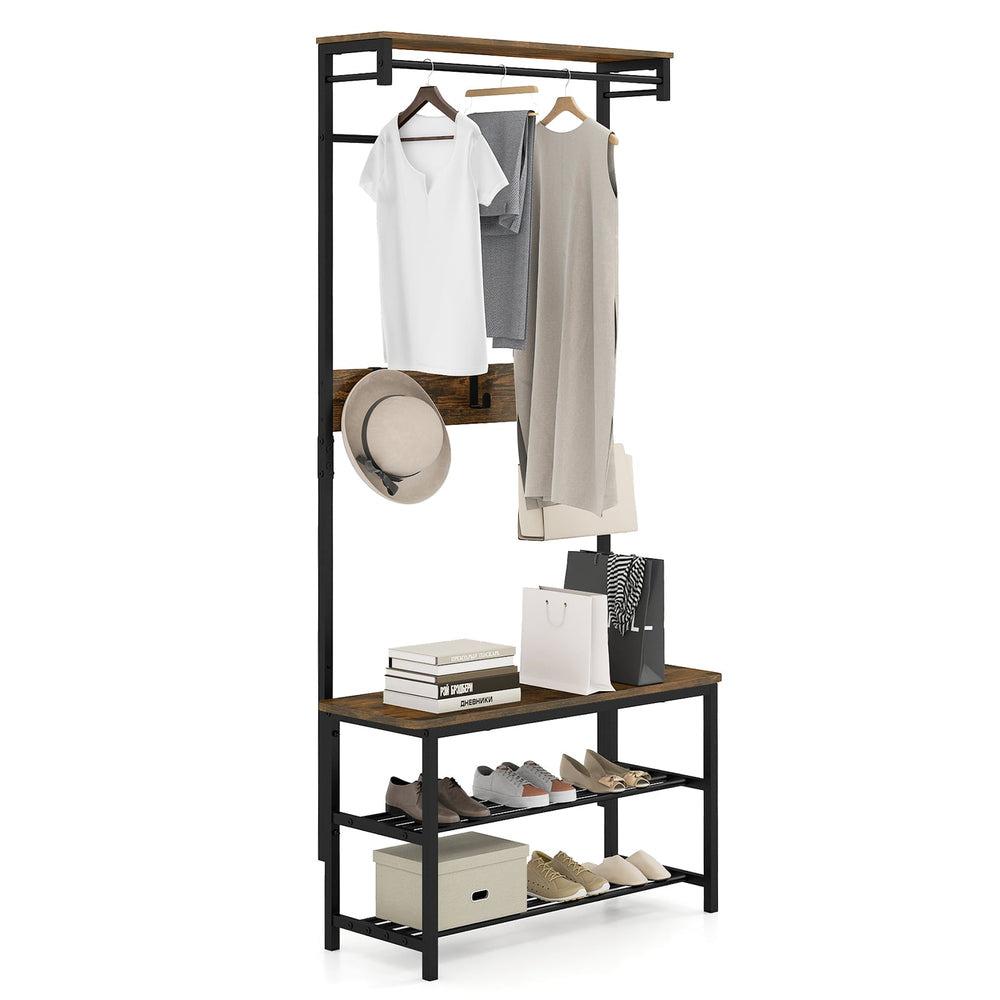 Hall Tree with Bench and Shoe Storage with Hanging Bars-Rustic Brown