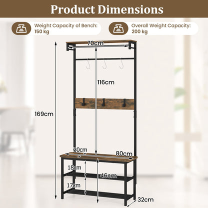 Hall Tree with Bench and Shoe Storage with Hanging Bars-Rustic Brown