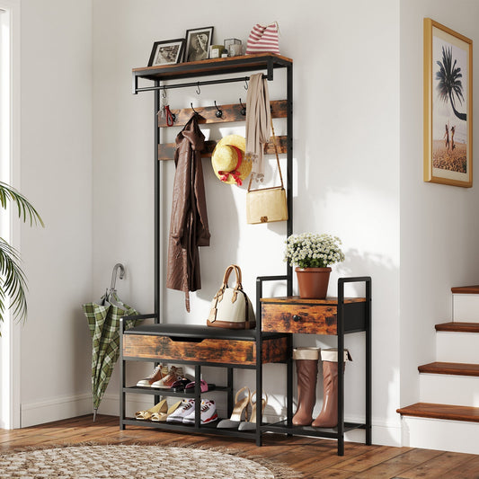 178 cm Freestanding Hall Tree with Shoe Storage Bench-Brown