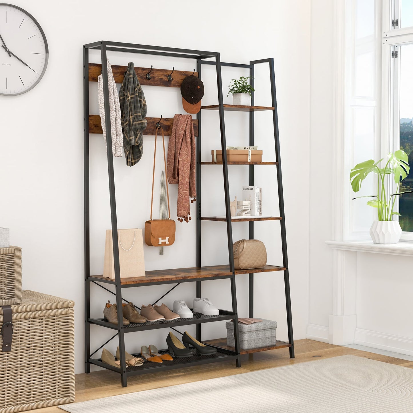 Hall Tree with Storage Bench 5-in-1 Entryway Bench with 9 Hooks-Rustic Brown