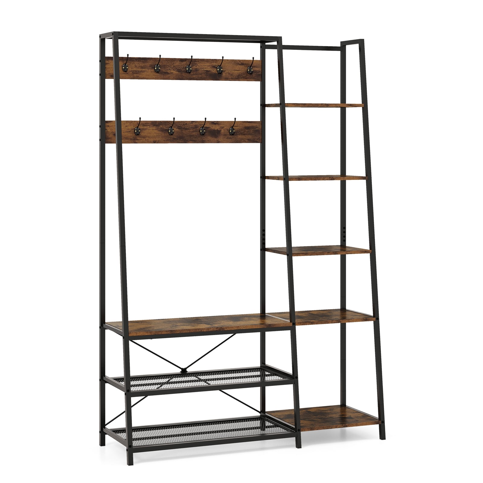 Hall Tree with Storage Bench 5-in-1 Entryway Bench with 9 Hooks-Rustic Brown
