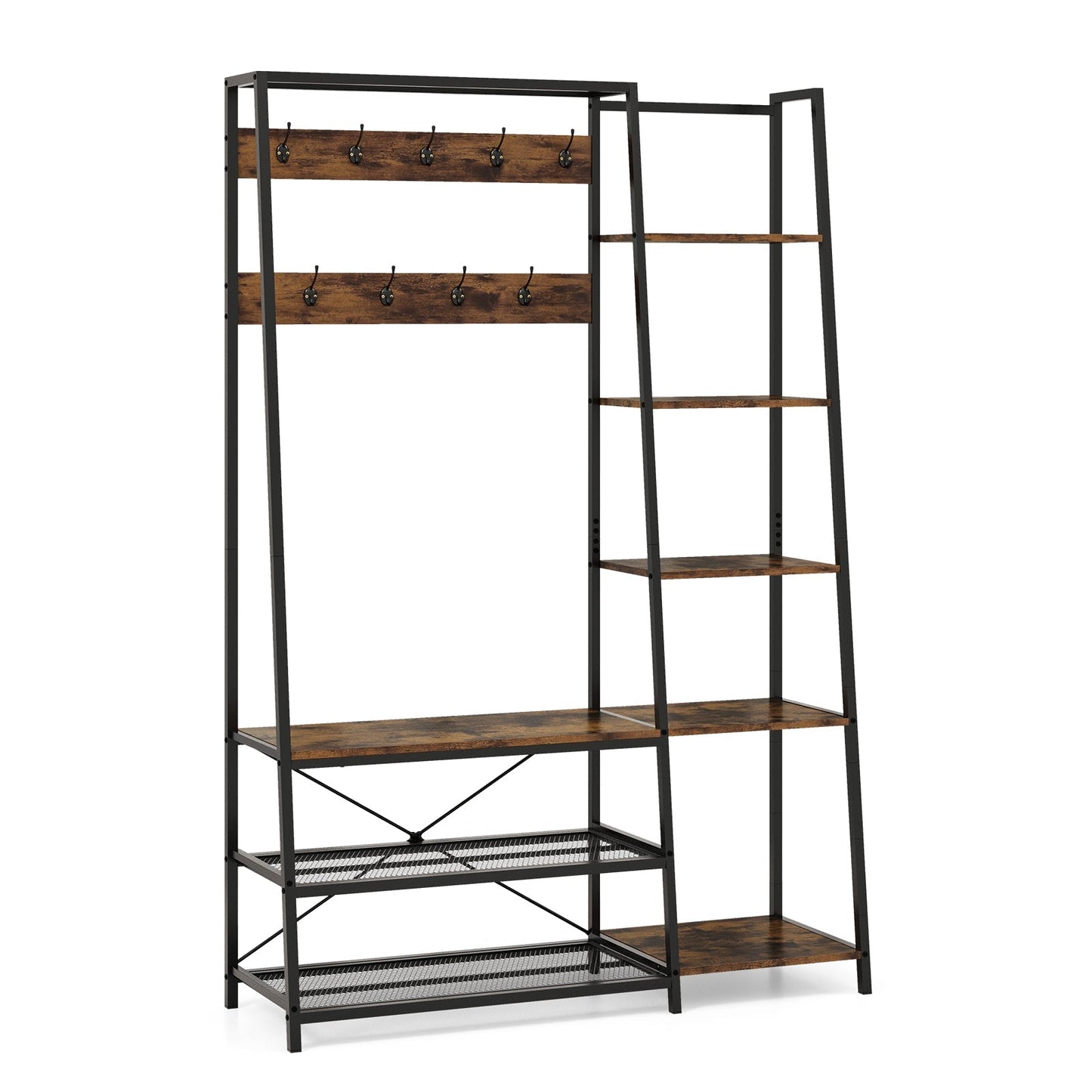 Hall Tree with Storage Bench 5-in-1 Entryway Bench with 9 Hooks-Rustic Brown