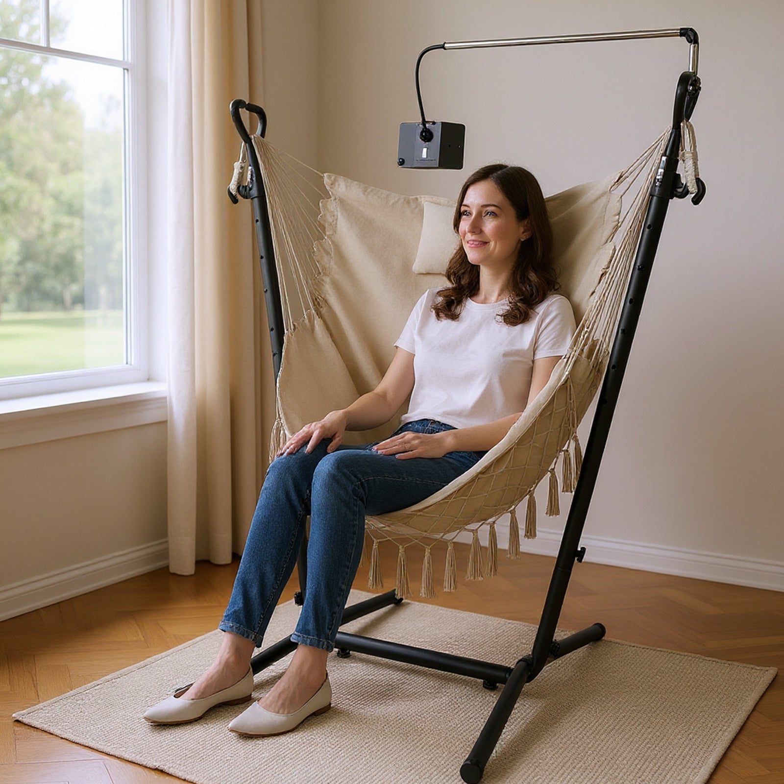 Hammock Chair with Stand and Phone Holder-Beige