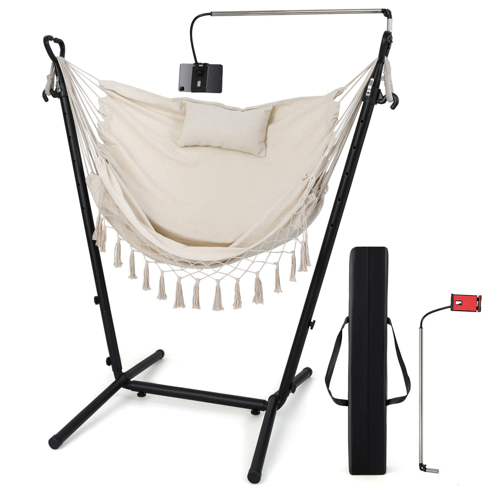 Hammock Chair with Stand and Phone Holder-Beige