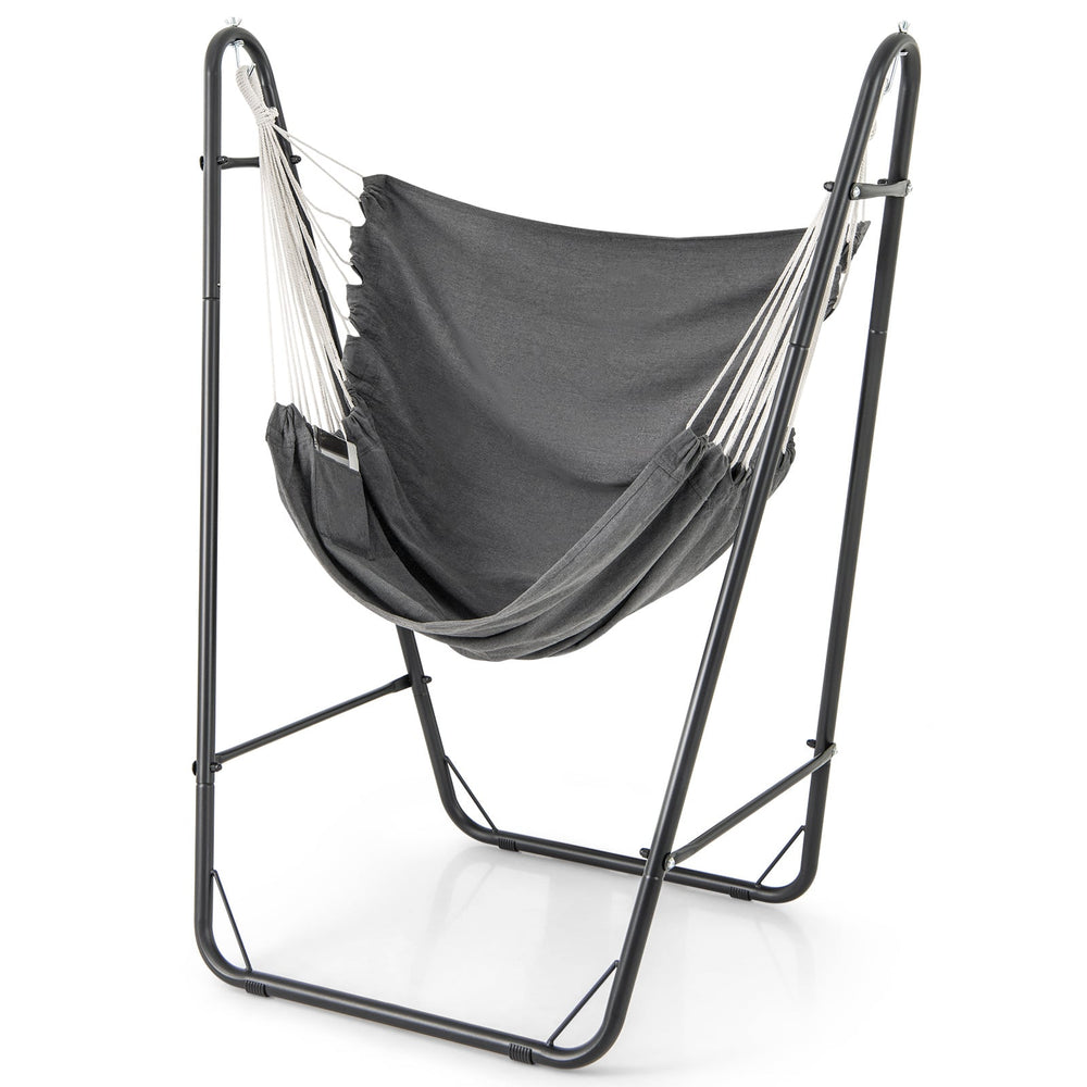 Hammock Chair with Stand and Side Pocket for Living Room Patio and Yard-Dark Grey