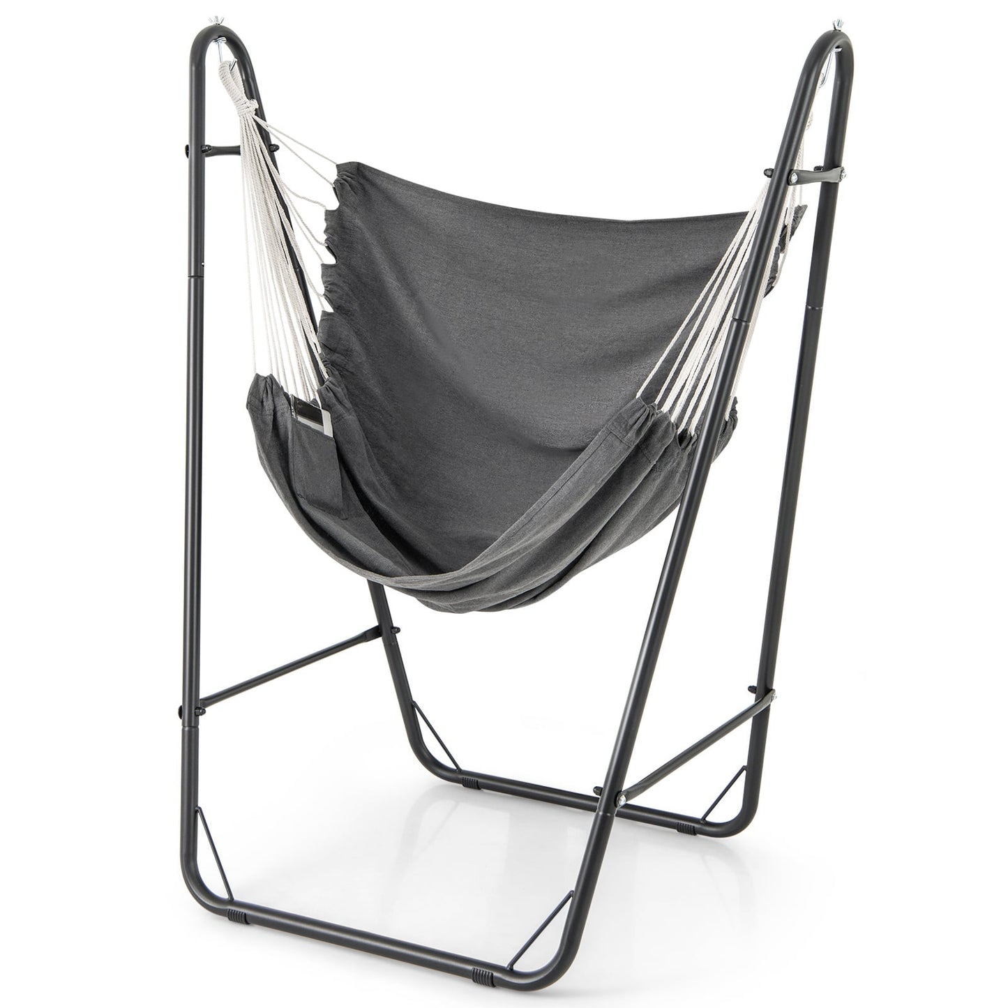 Hammock Chair with Stand and Side Pocket for Living Room Patio and Yard-Dark Grey
