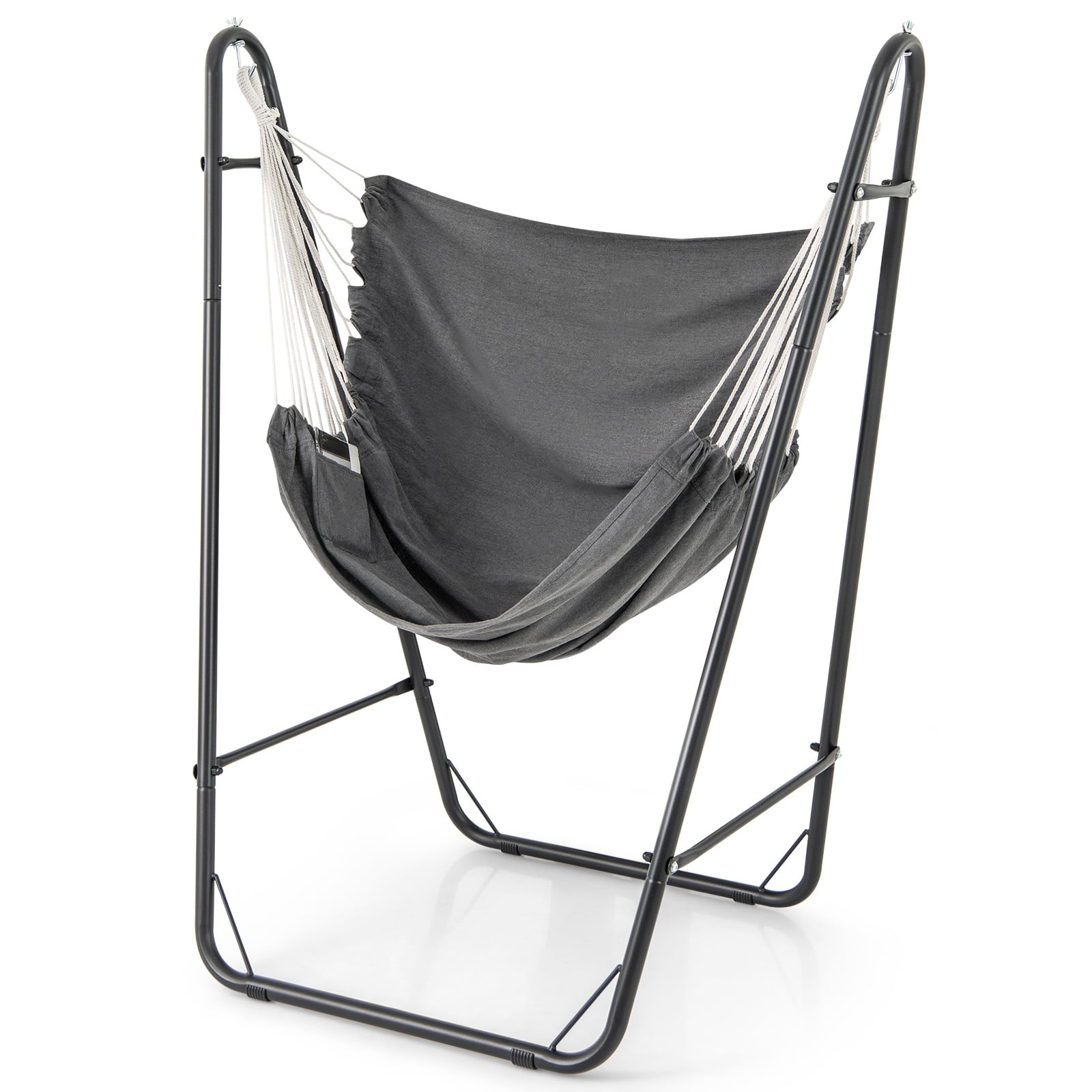 Hammock Chair with Stand and Side Pocket for Living Room Patio and Yard-Dark Grey