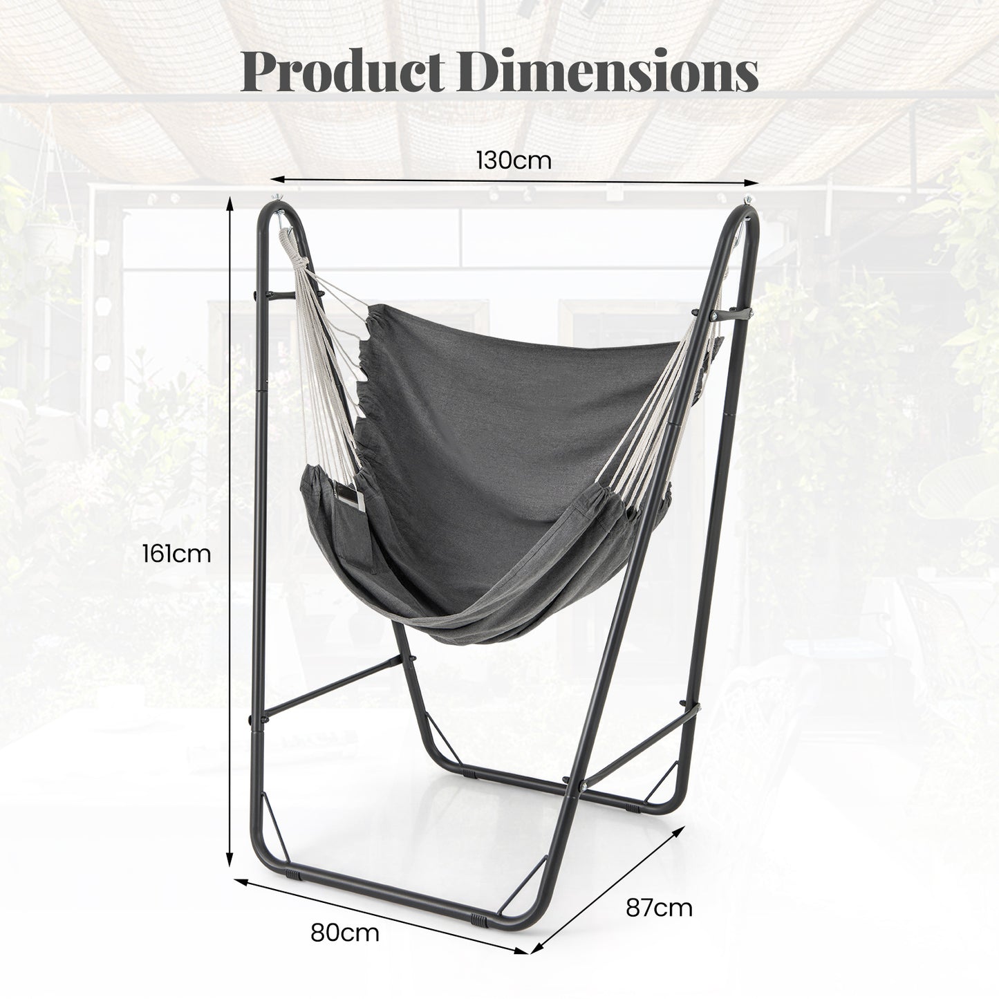 Hammock Chair with Stand and Side Pocket for Living Room Patio and Yard-Dark Grey