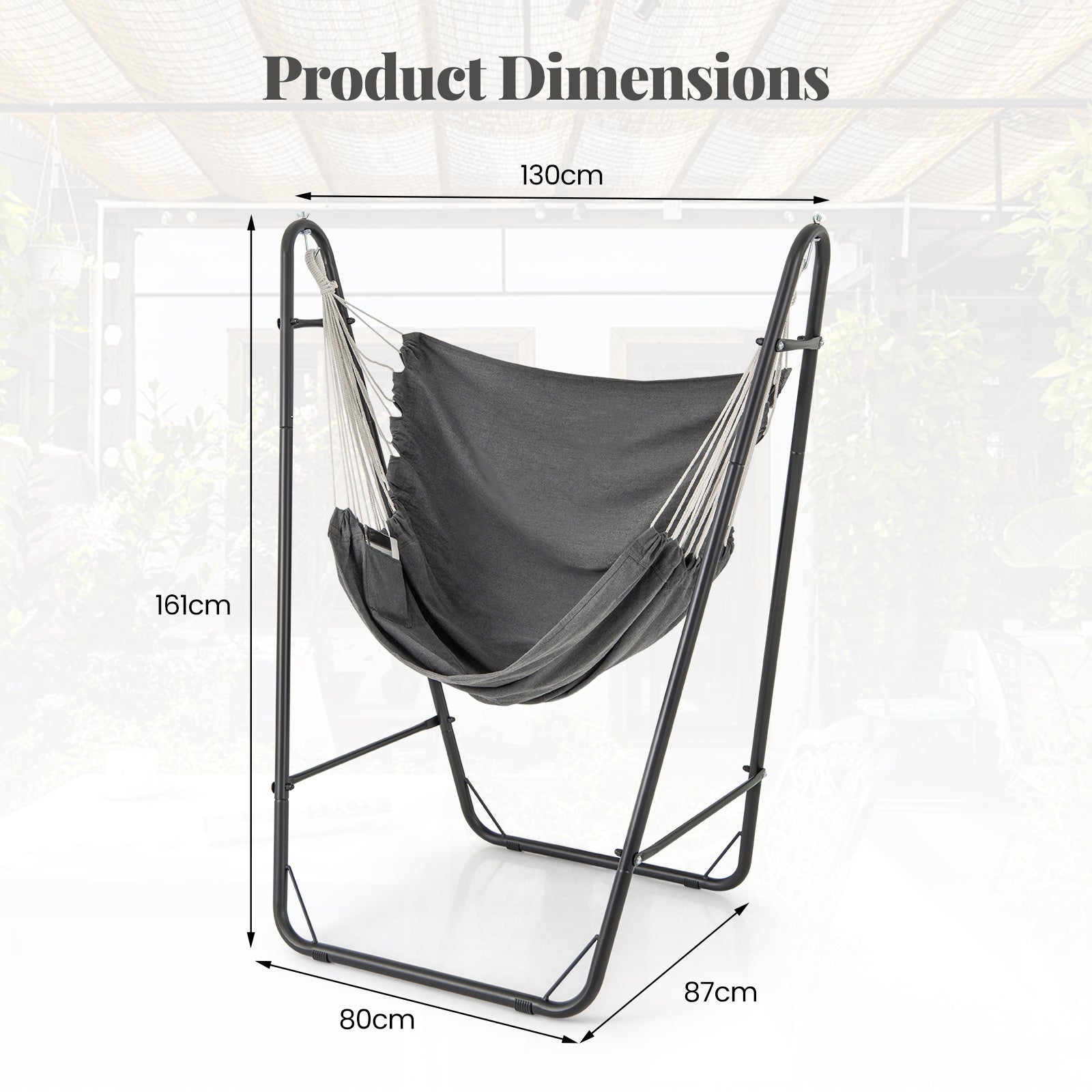 Hammock Chair with Stand and Side Pocket for Living Room Patio and Yard-Dark Grey
