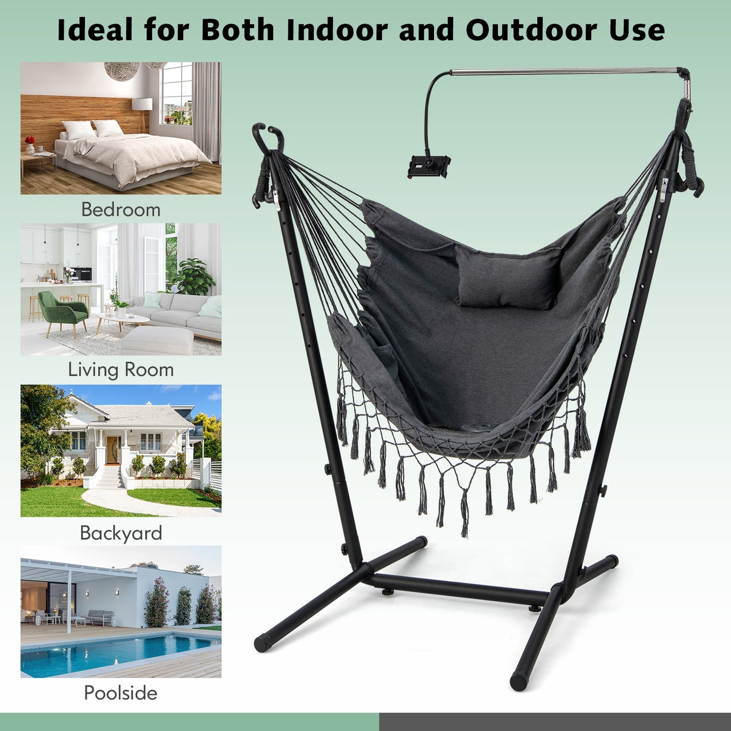 Hammock Chair with Stand and Phone Holder-Grey