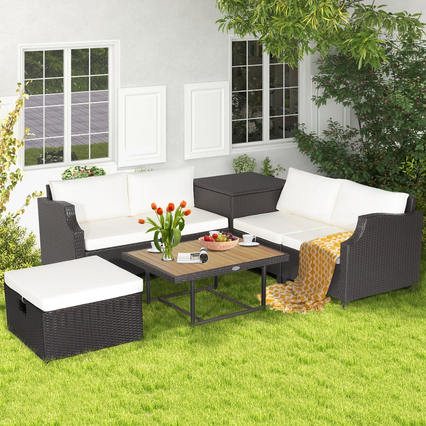 7 Pieces Patio Outdoor Hand-Woven PE Wicker Furniture Set-Off White