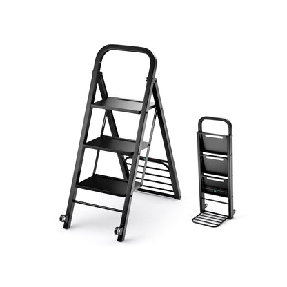 2-In-1 Hand Truck and Ladder Foldable 3-Step Ladder with Non-slip Wide Pedals-Black