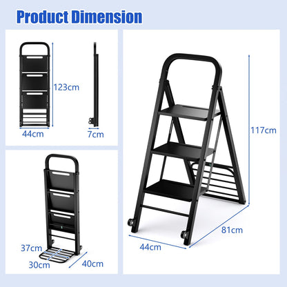 2-In-1 Hand Truck and Ladder Foldable 3-Step Ladder with Non-slip Wide Pedals-Black
