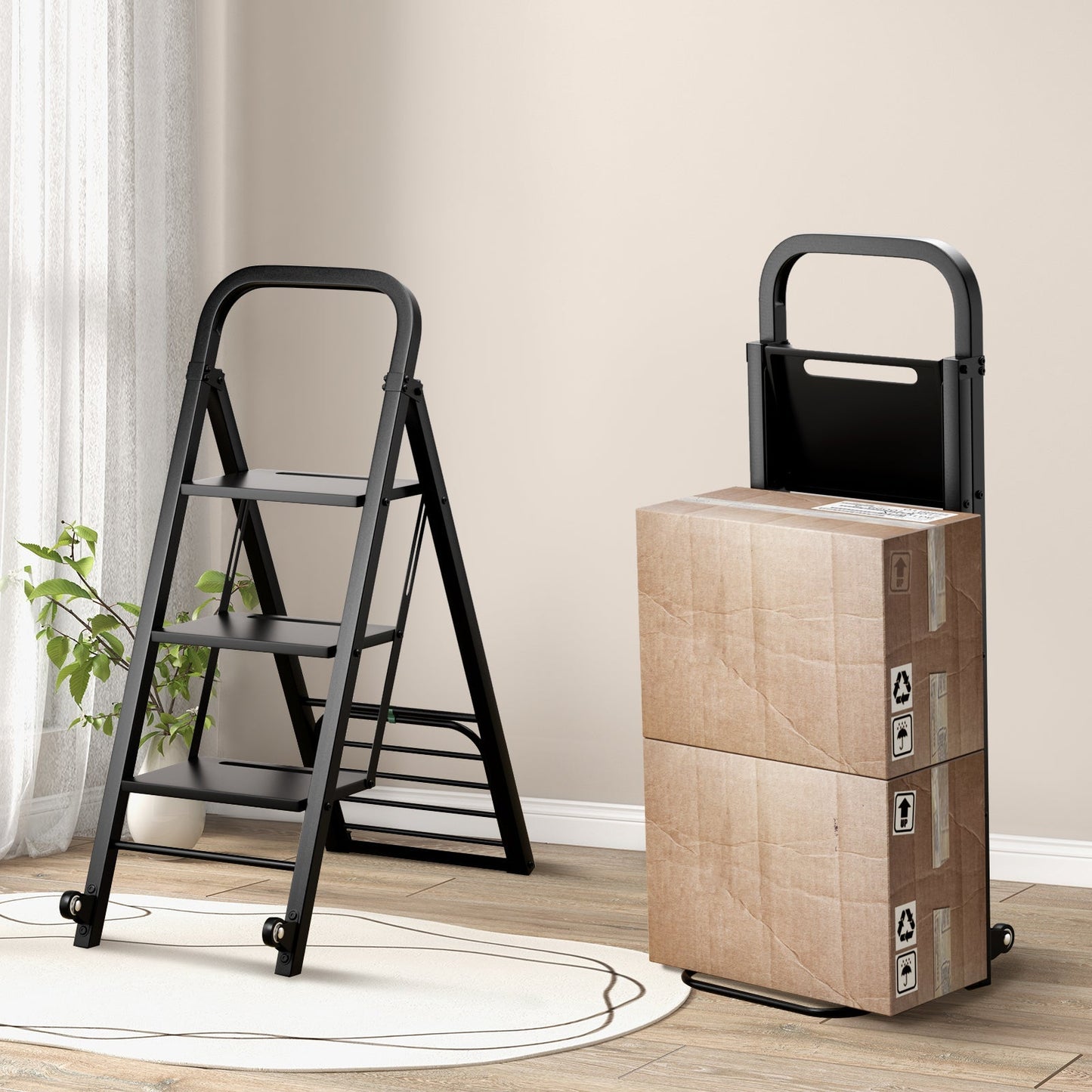 2-In-1 Hand Truck and Ladder Foldable 3-Step Ladder with Non-slip Wide Pedals-Black