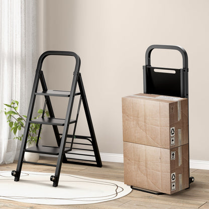 2-In-1 Hand Truck and Ladder Foldable 3-Step Ladder with Non-slip Wide Pedals-Black