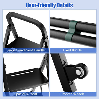 2-In-1 Hand Truck and Ladder Foldable 3-Step Ladder with Non-slip Wide Pedals-Black