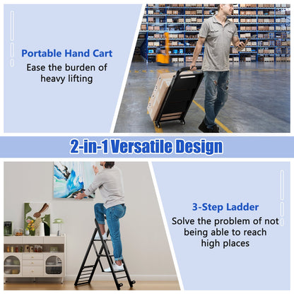 2-In-1 Hand Truck and Ladder Foldable 3-Step Ladder with Non-slip Wide Pedals-Black