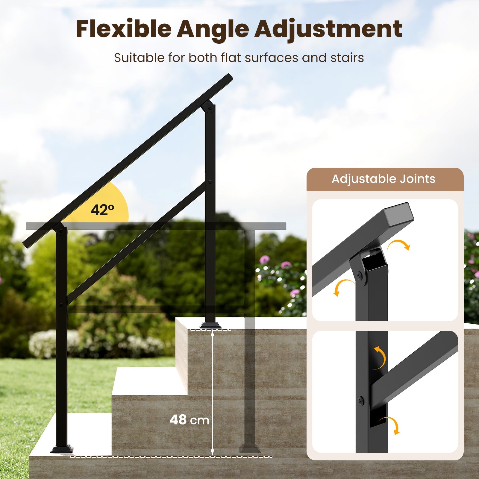 Handrail for Outdoor Steps Fits 0-2/3/4/5/6 Steps with Flexible Angle Adjustment-3 step
