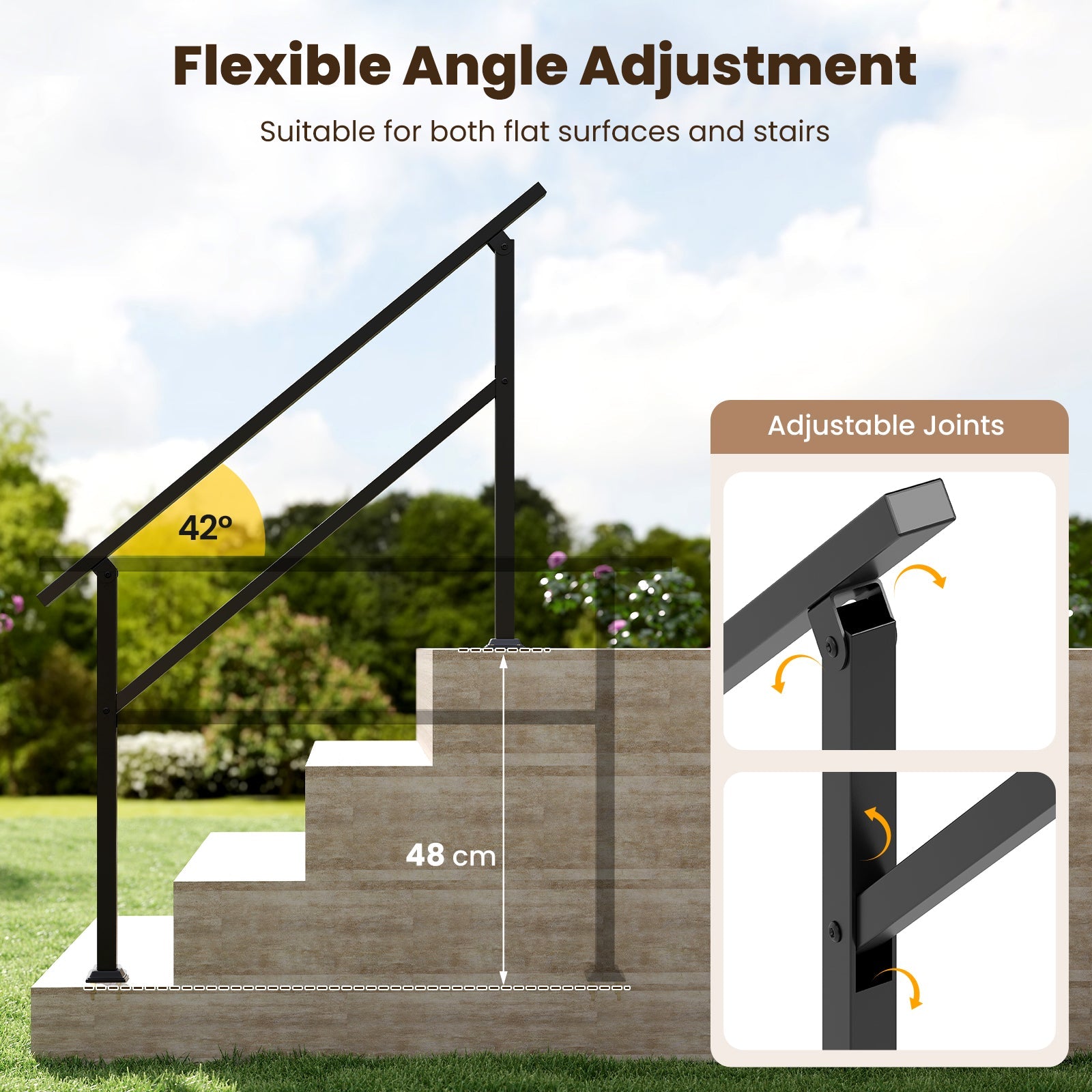 Handrail for Outdoor Steps Fits 0-2/3/4/5/6 Steps with Flexible Angle Adjustment-4 step