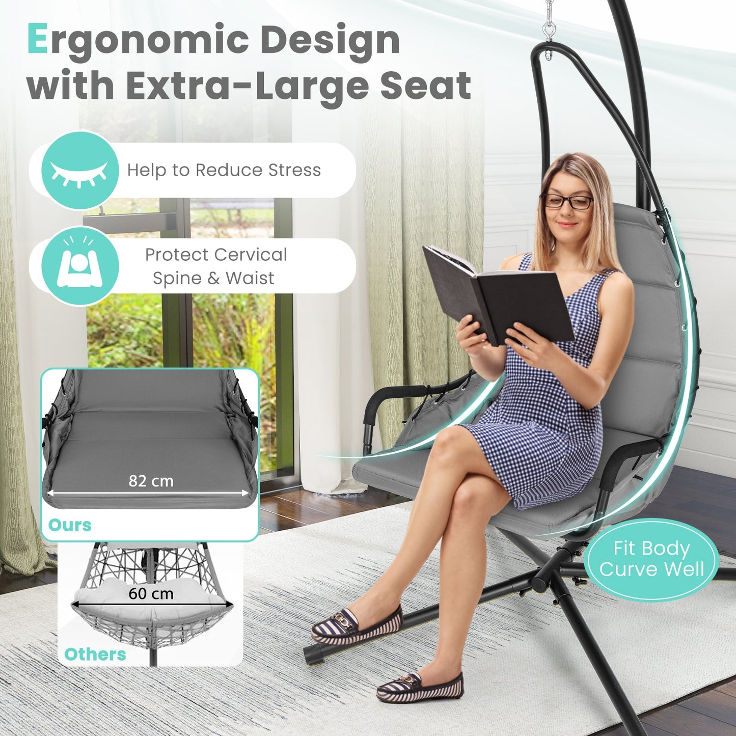Hammock Swing Chair with Extra Large Padded Seat-Grey