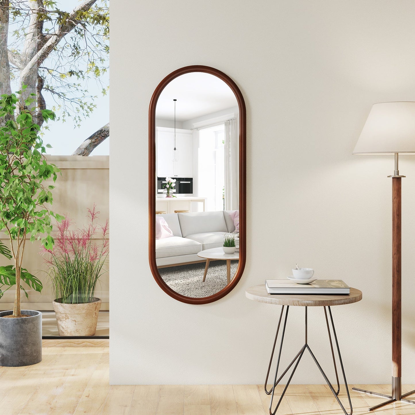 Hanging Mirror Full Length Mirror Wood Frame Wall-Mounted Mirror-Walnut