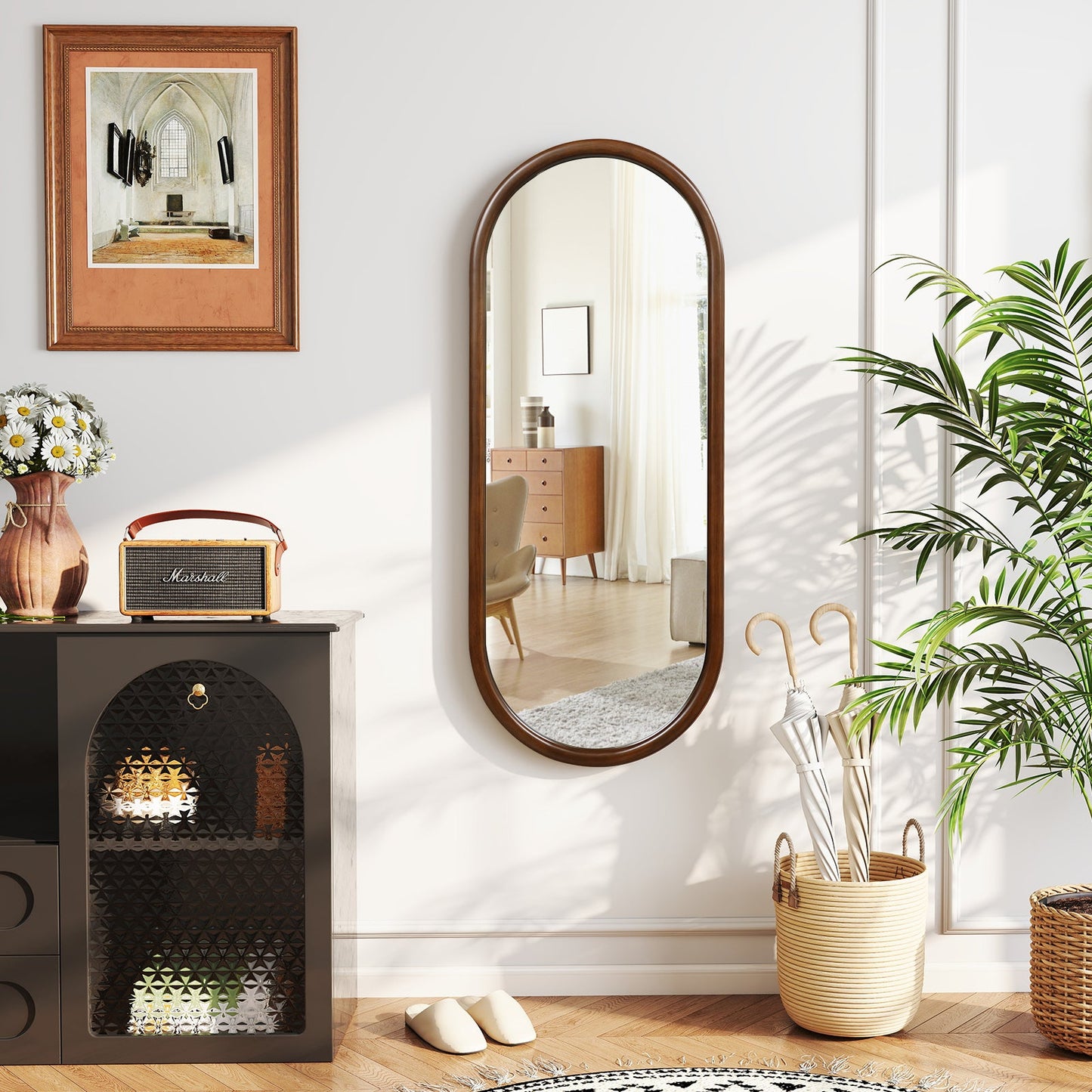 Hanging Mirror Full Length Mirror Wood Frame Wall-Mounted Mirror-Walnut