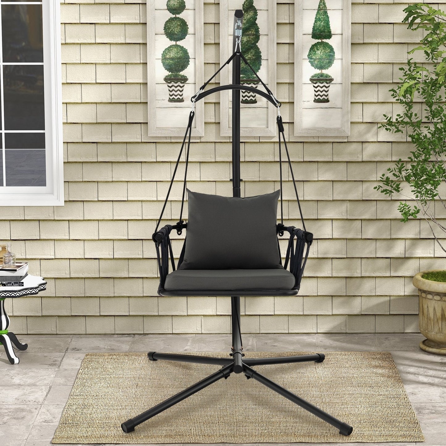 Indoor Outdoor Hanging Swing Chair with Stand and Woven Backrest-Grey