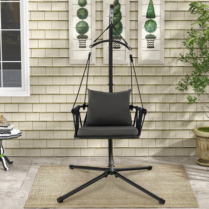 Indoor Outdoor Hanging Swing Chair with Stand and Woven Backrest-Grey
