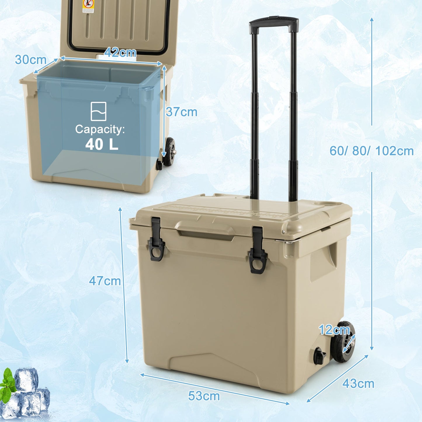 40 L Ice Chest Hard Cooler with Wheels and Handle-Tan