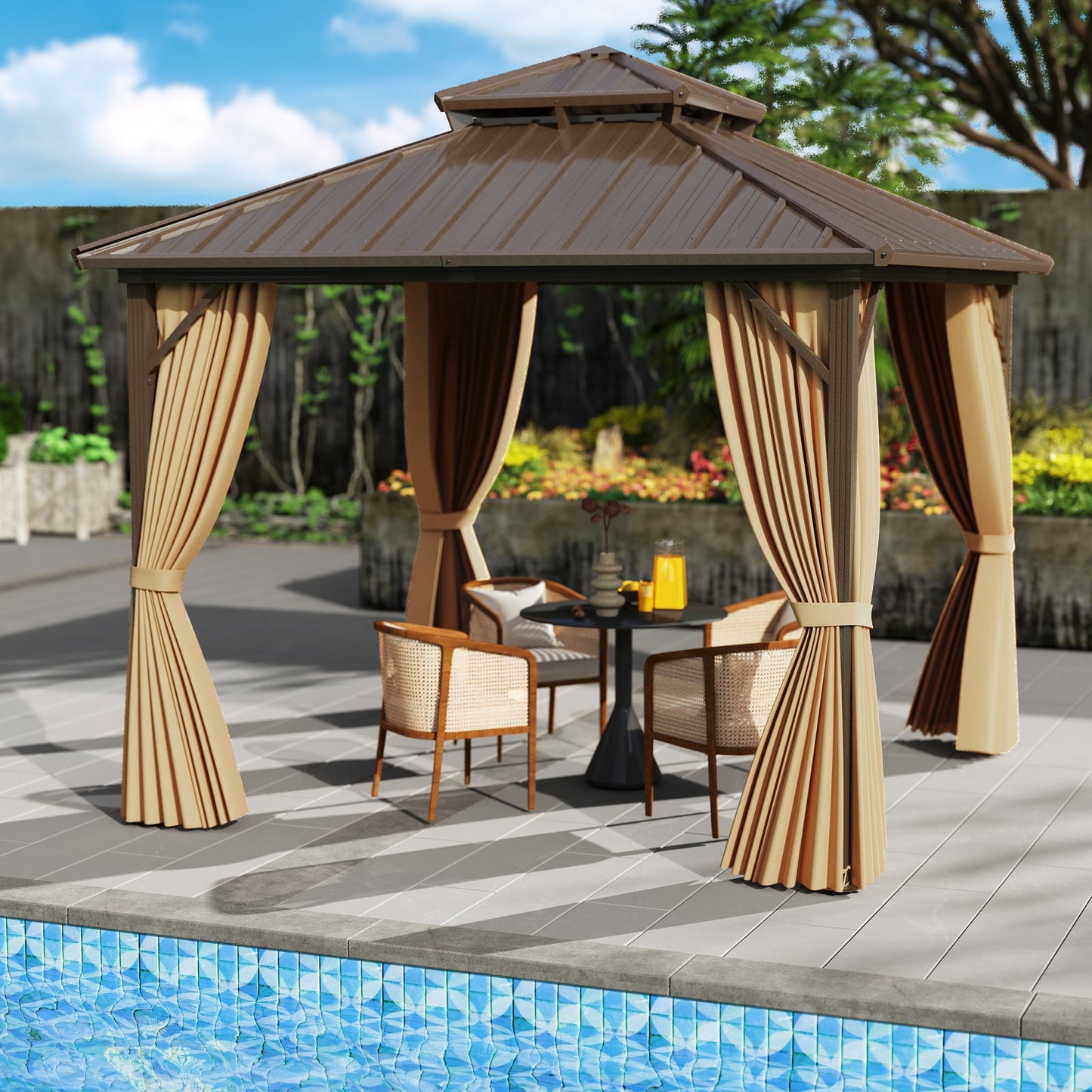 290 x 290 cm Hardtop Gazebo with Netting and Curtain and Double-Roof Metal Top-Coffee