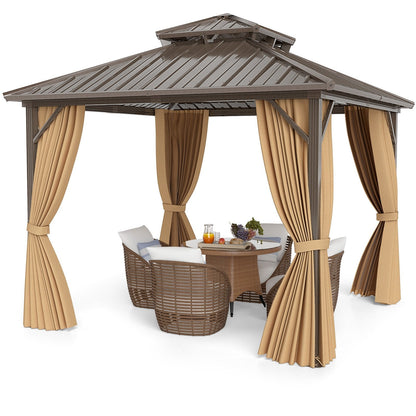 290 x 290 cm Hardtop Gazebo with Netting and Curtain and Double-Roof Metal Top-Coffee