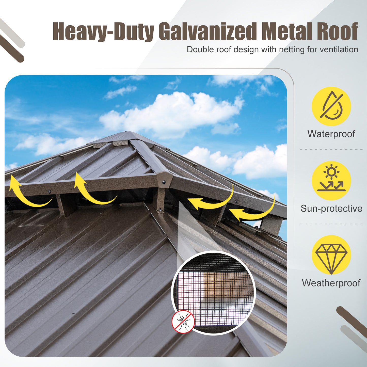290 x 290 cm Hardtop Gazebo with Netting and Curtain and Double-Roof Metal Top-Coffee