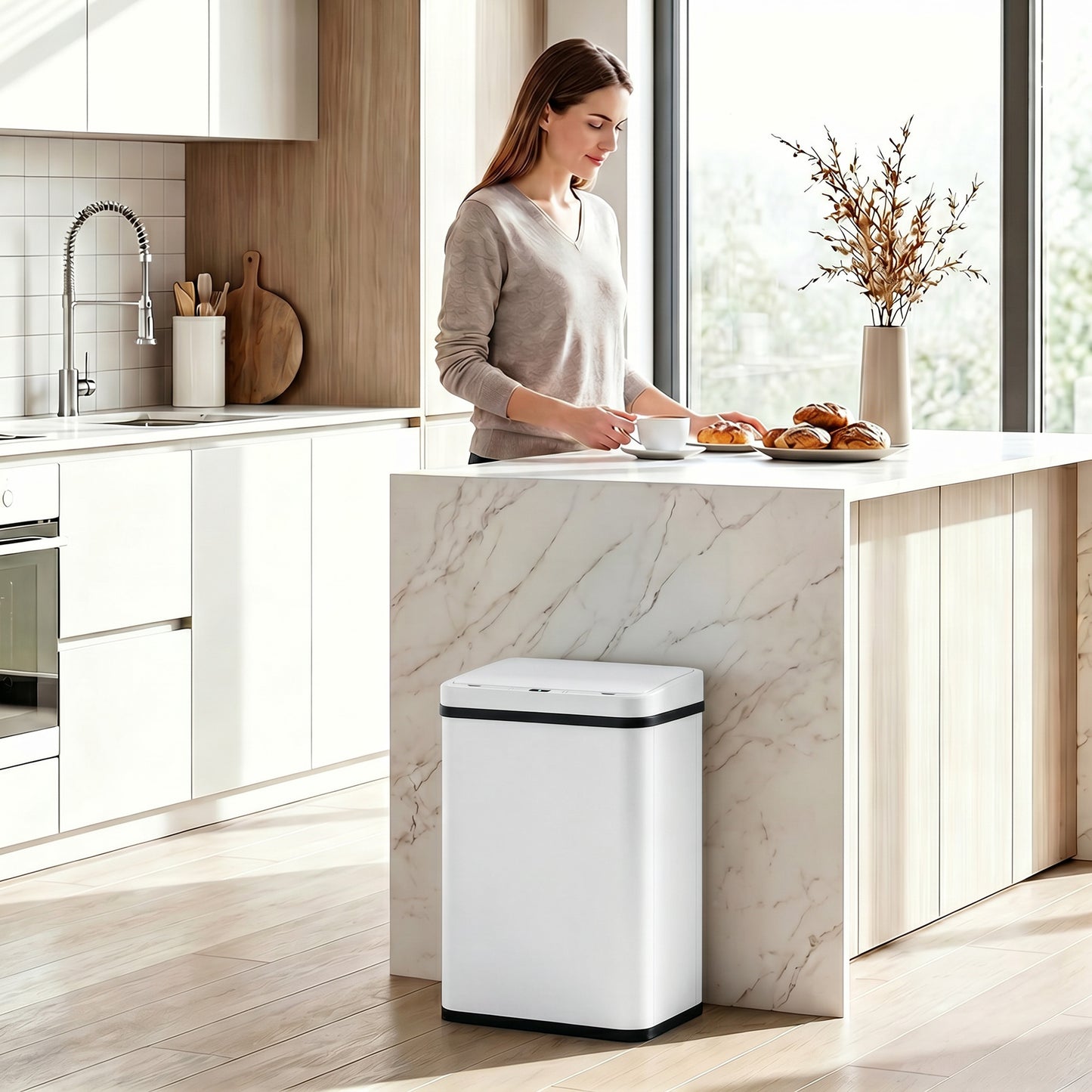 HOMCOM 40L Sensor Bin with Soft-Close Lid, Stainless Steel Automatic Touchless Motion Sensor Kitchen Bin, White