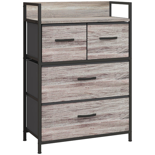 HOMCOM Rustic Chest of Four Fabric Drawers - Grey Wood Effect