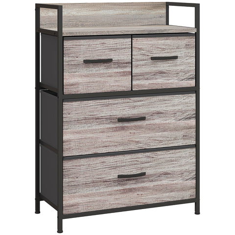 HOMCOM Rustic Chest of Four Fabric Drawers - Grey Wood Effect