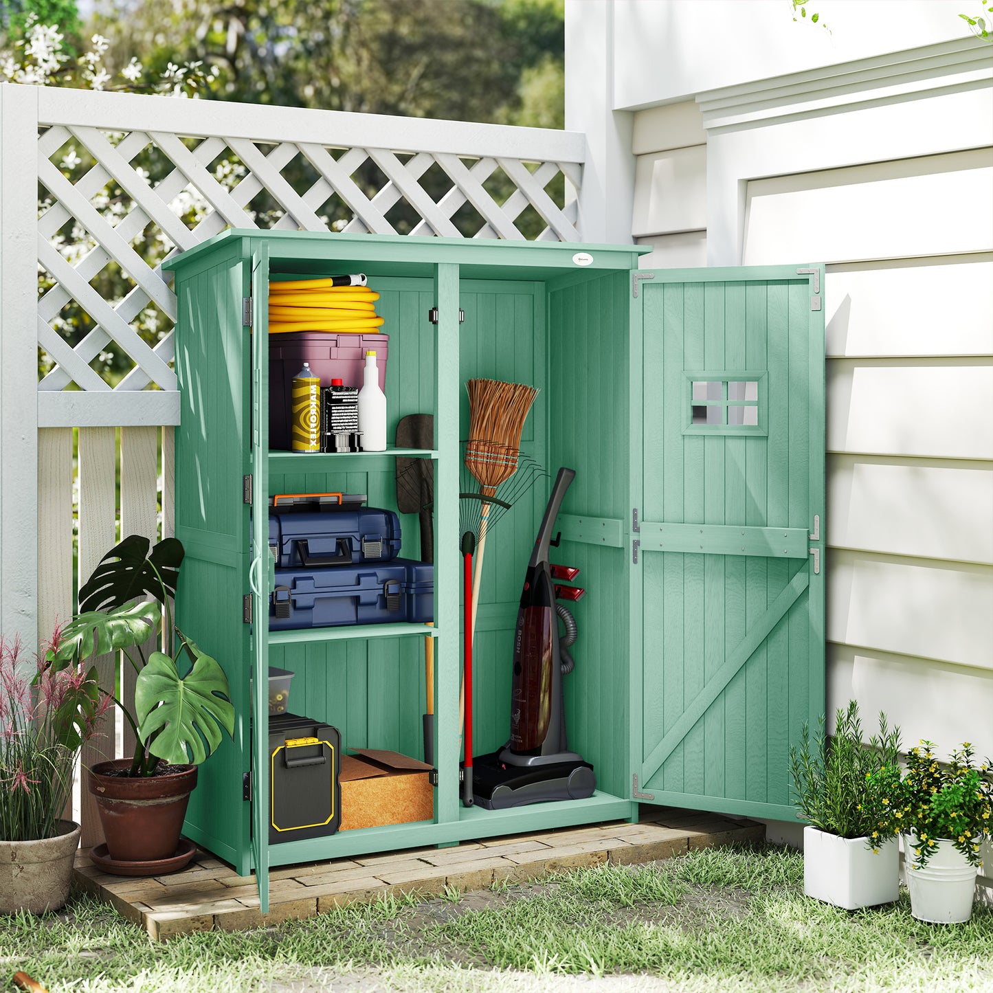 Outsunny Wooden Garden Shed with Two Windows, Tool Storage Cabinet, Outdoor Double Door organiser 127.5L x 50W x 164H cm, Green