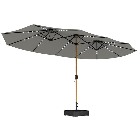 Outsunny Double Sided Garden Parasol with Base Included & 48 Solar LED Lights Patio Umbrella Crank Handle 4.6m Light Grey