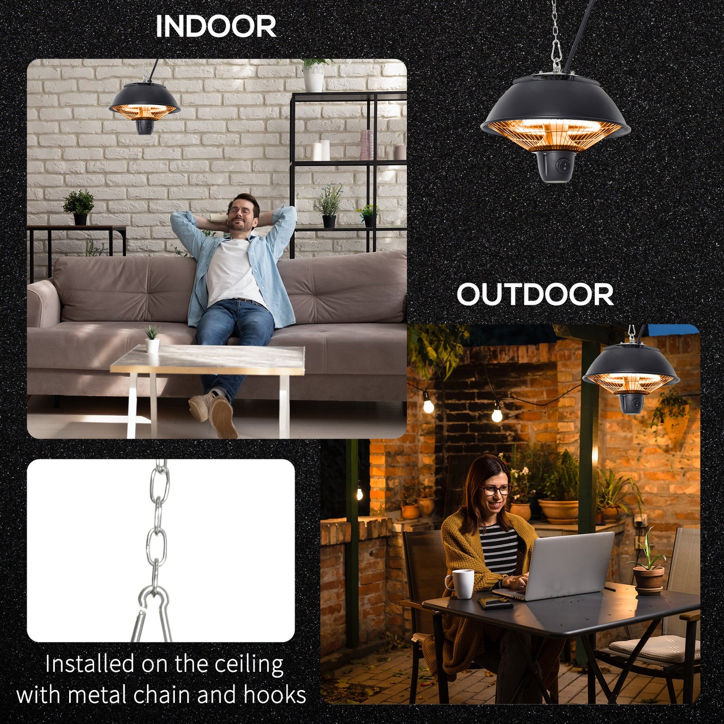 Outsunny 600W Electric Heater Ceiling Hanging Halogen Light with Adjustable Hook Chain Black Aluminium Frame