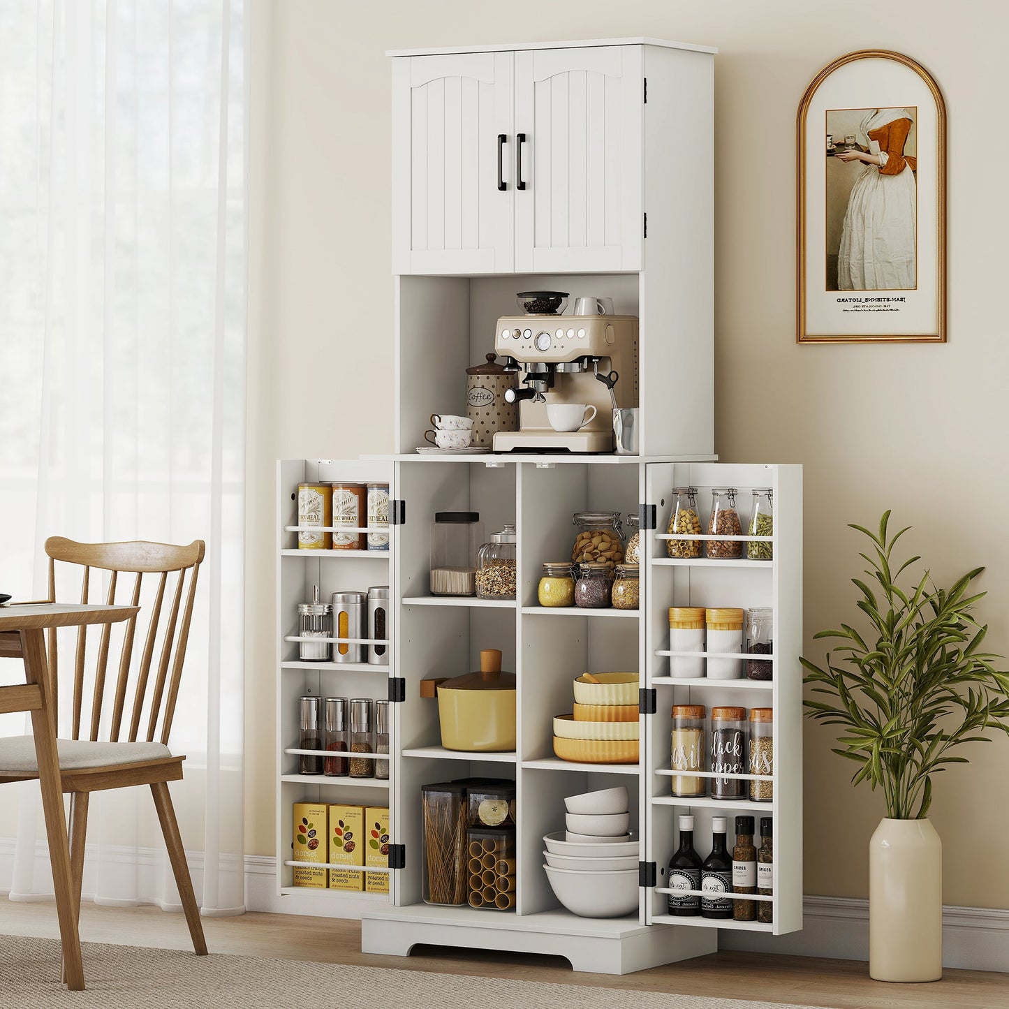 HOMCOM Tall kitchen buffet kitchen cabinet, 4 doors countertop 8 spice racks adjustable shelves 60x40x181.5cm white