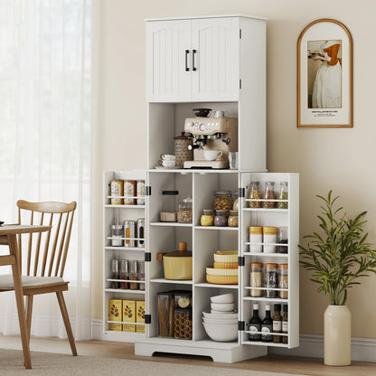HOMCOM Tall kitchen buffet kitchen cabinet, 4 doors countertop 8 spice racks adjustable shelves 60x40x181.5cm white