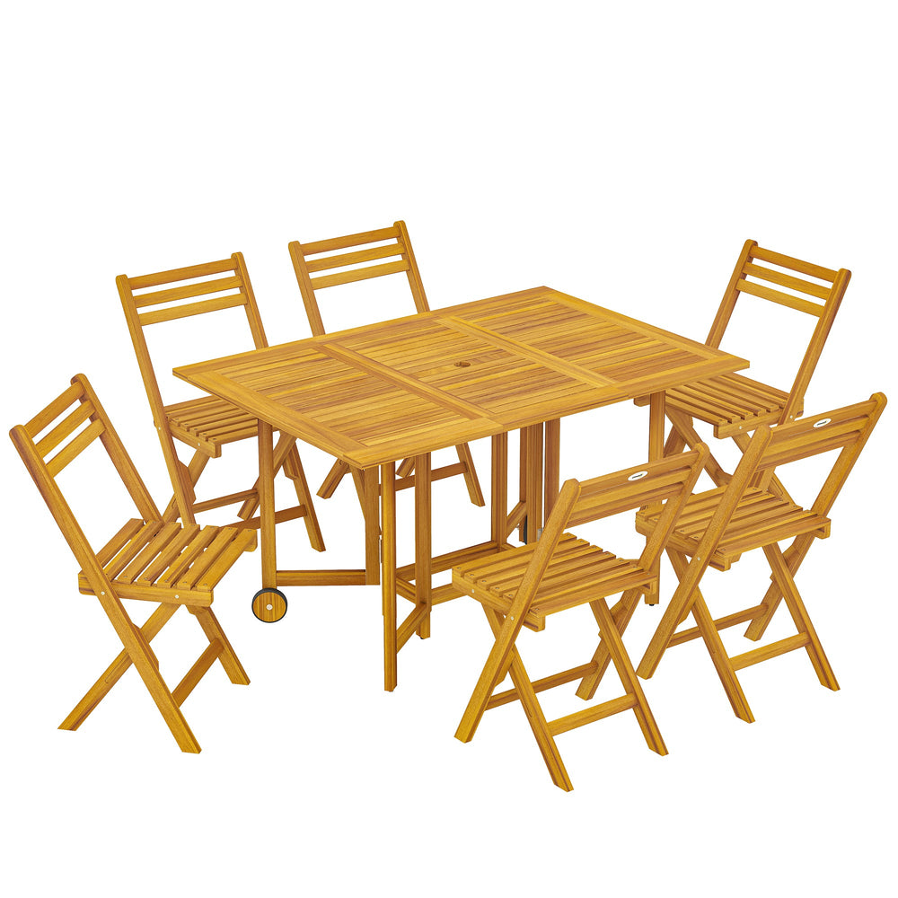 Outsunny 7 Pieces Garden Dining Set, Extending Dining Table and 6 Folding Chairs with Umbrella Hole for Patio, Natural Wood