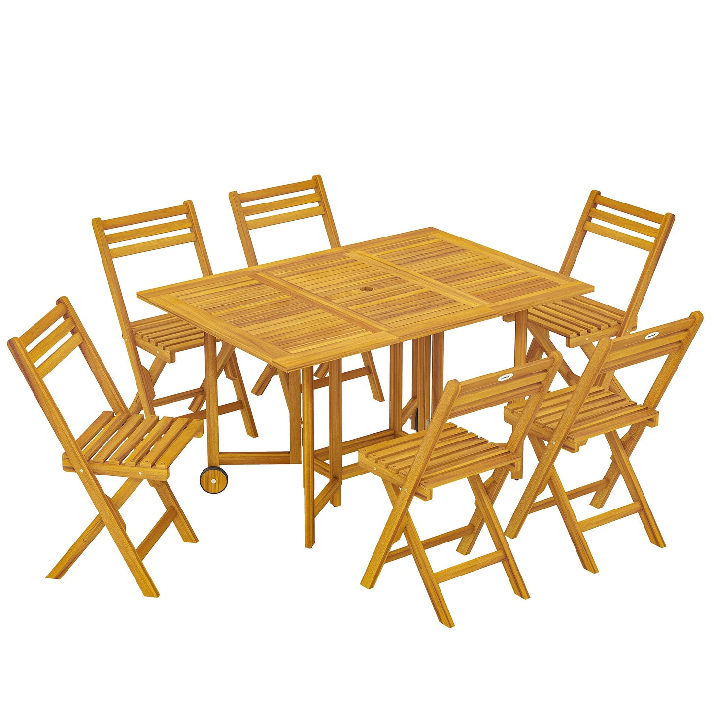 Outsunny 7 Pieces Garden Dining Set, Extending Dining Table and 6 Folding Chairs with Umbrella Hole for Patio, Natural Wood