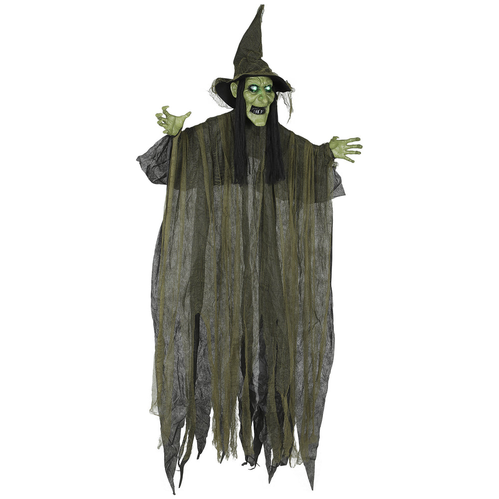 Outsunny 170 cm Life Size Hanging Halloween Animated Witch with Glowing LED Eyes, Spooky Witch Scary Halloween Decorations, Battery Operated, Indoor Party Props