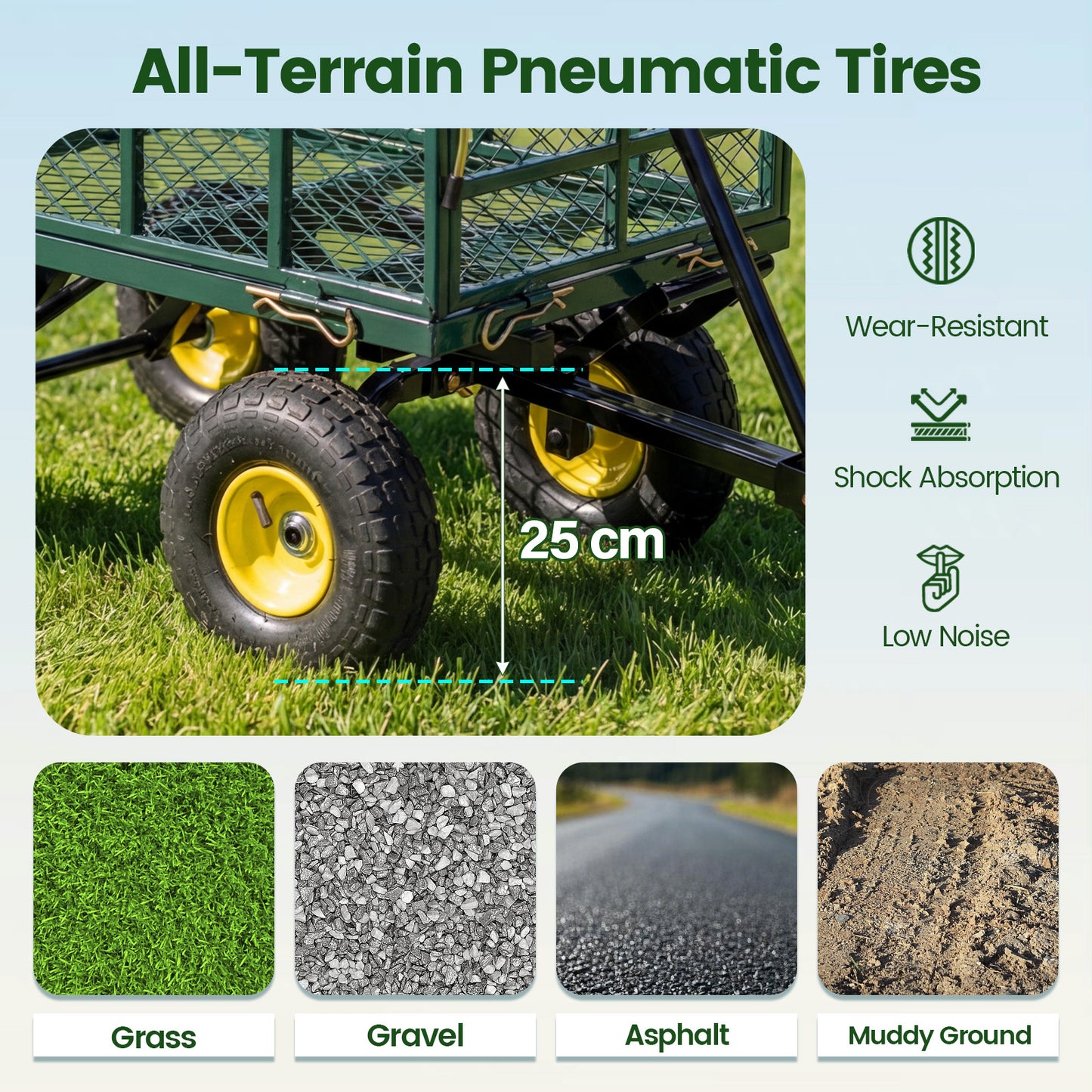 Heavy Duty 410 kg Capacity Metal Garden Cart with Storage Bag-Green